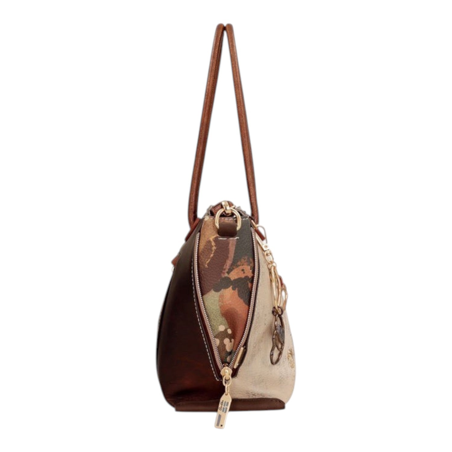 Side view of a Lieblingstasche short handle bag featuring a multi-coloured camouflage pattern and brown leather trim.
