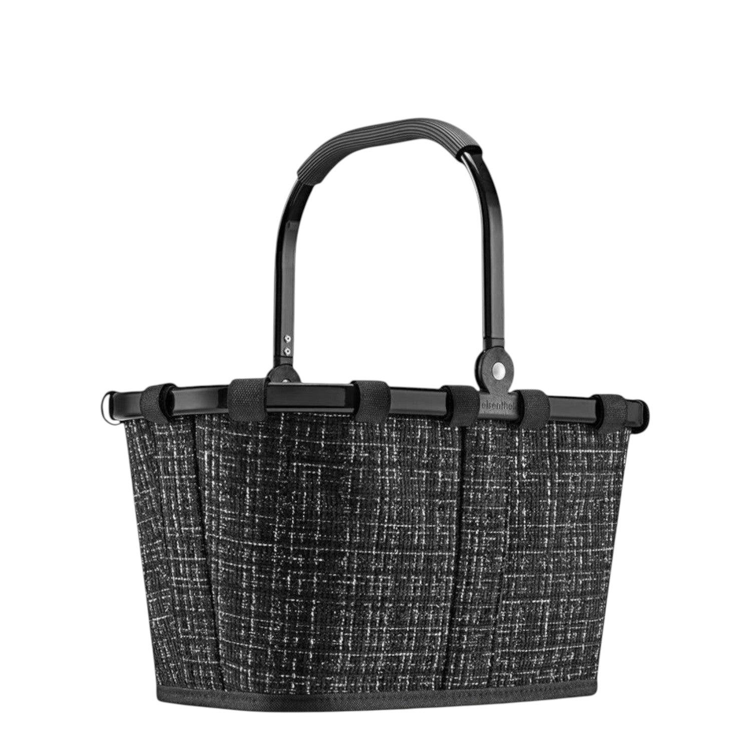 Lieblingstasche Carrybag XS in black and white tweed fabric with a sturdy black frame and ergonomic handle.