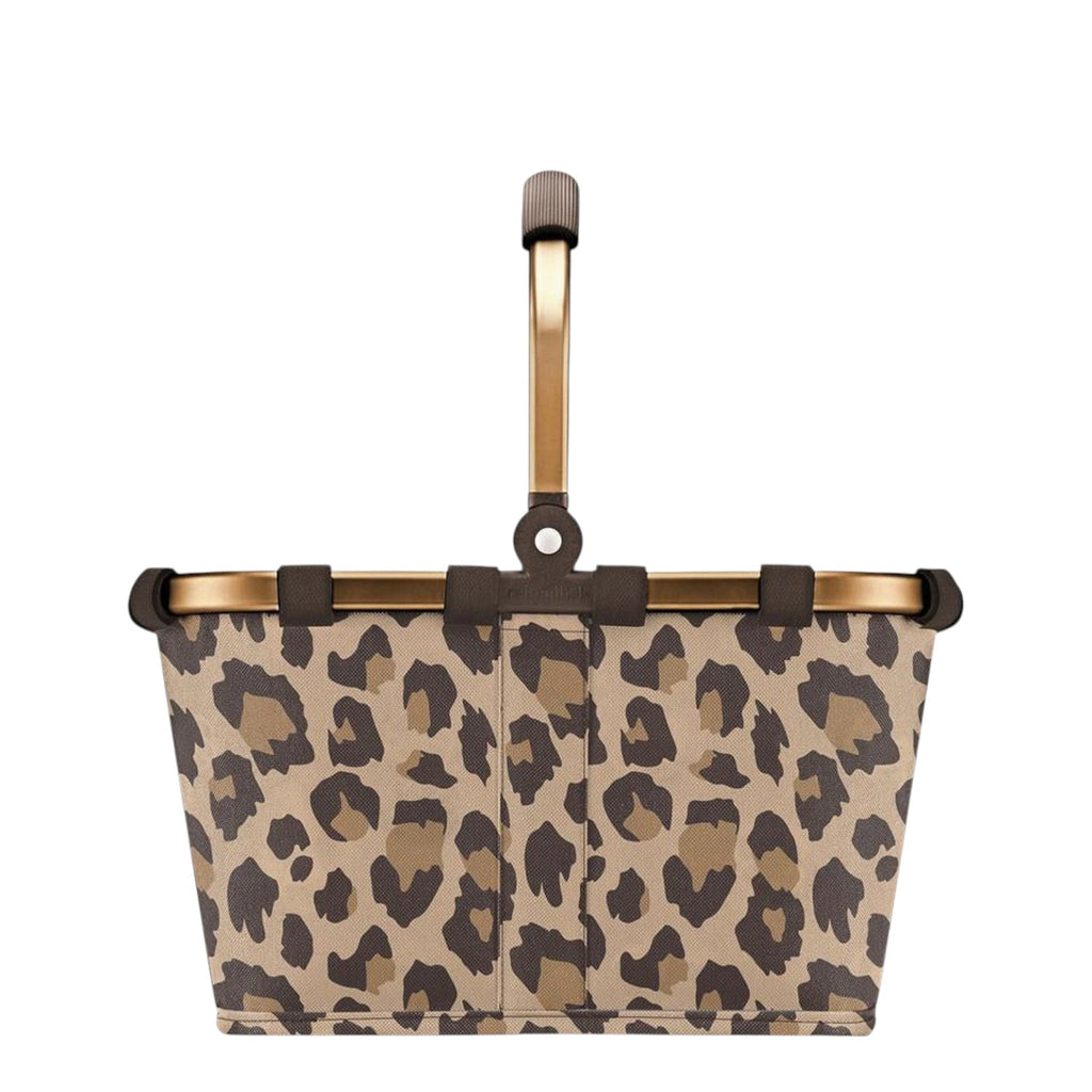 Lieblingstasche Carrybag XS shopping basket in a brown leopard print pattern with a gold-tone frame and handle.