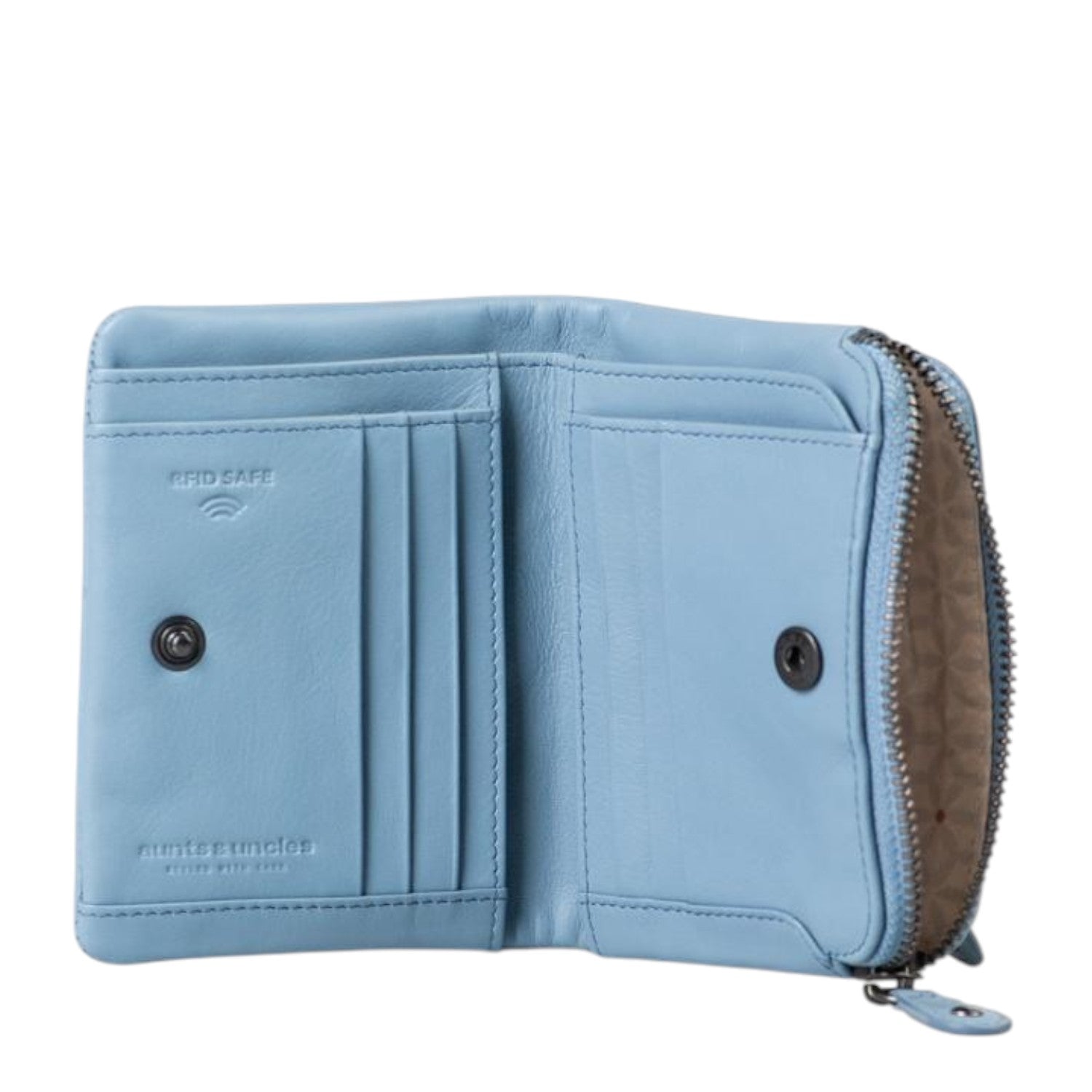 Lieblingstasche Cherry light blue leather wallet with RFID protection and multiple card slots open view