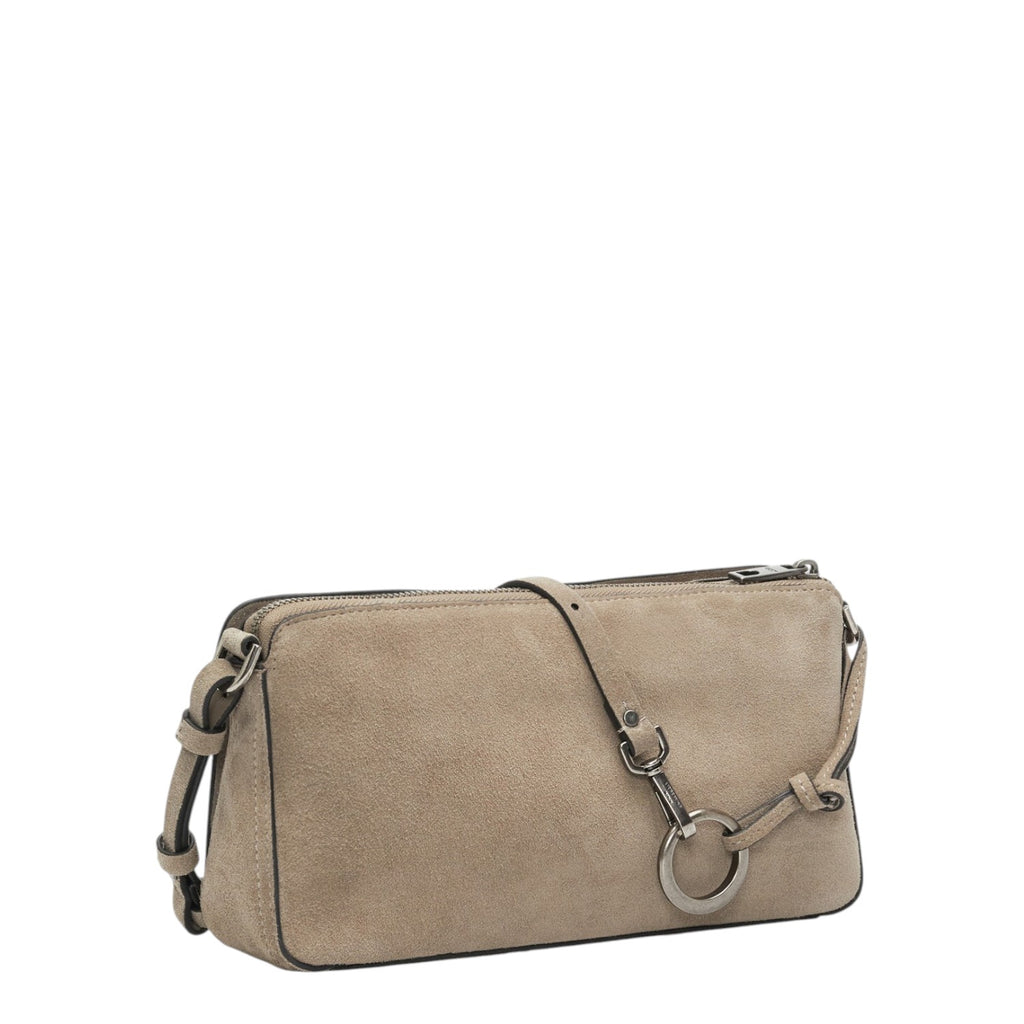 Lieblingstasche Clarice II Crossbody M in beige suede leather featuring a decorative metal ring and zip closure.