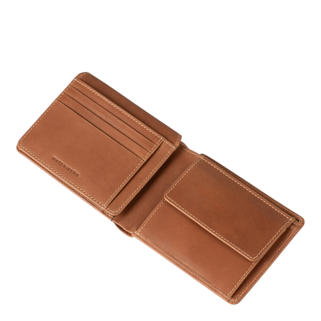 Lieblingstasche Clay brown leather bifold wallet with card slots and coin pocket, open view
