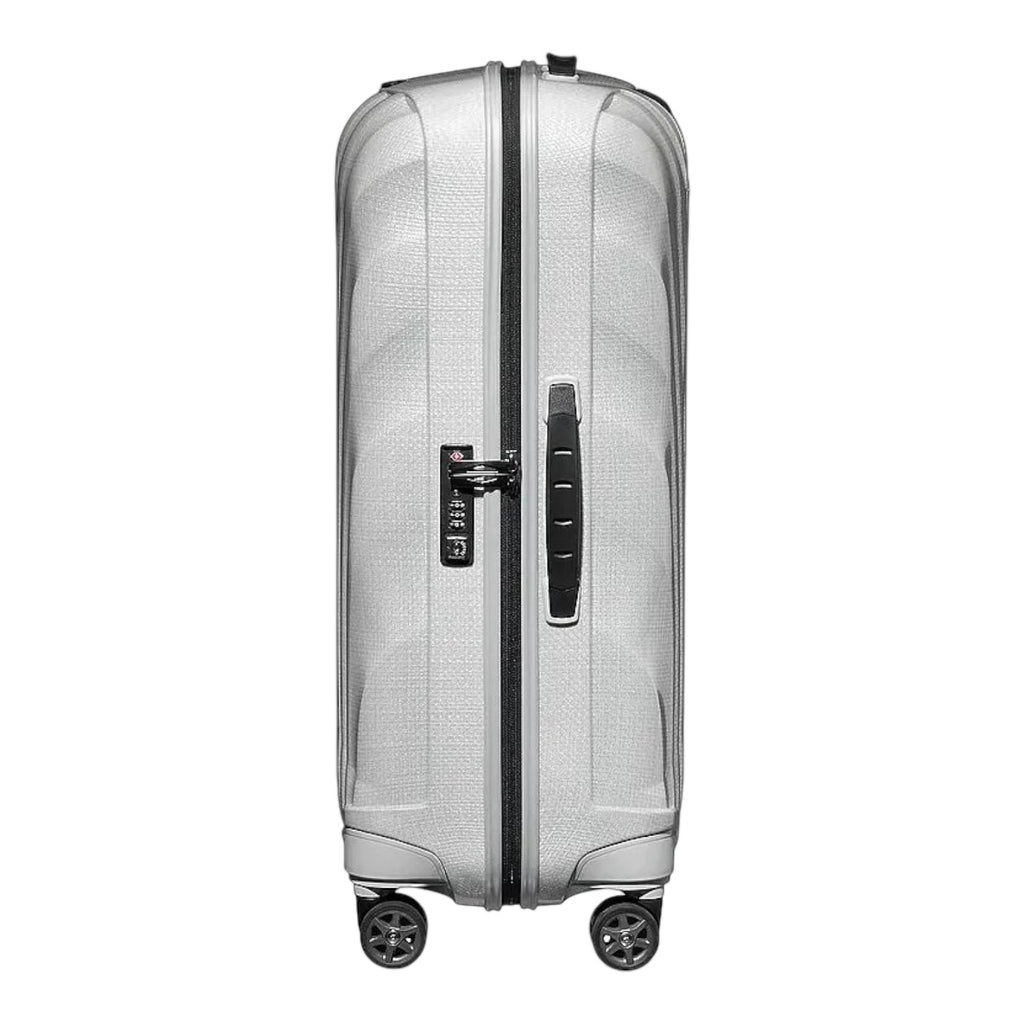 Lieblingstasche C-Lite Spinner 69/25 silver hardside suitcase side view with integrated TSA lock and spinner wheels