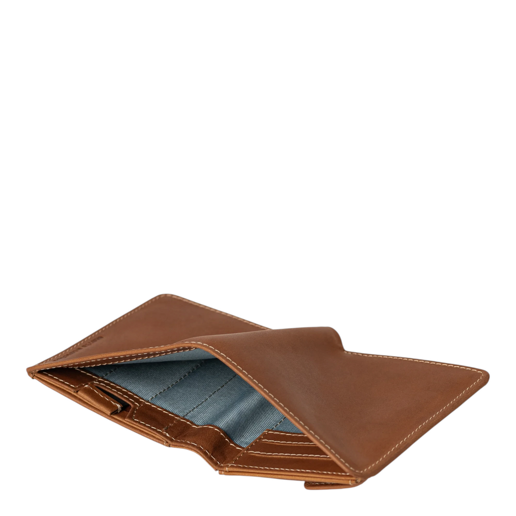 Lieblingstasche Clive brown leather wallet with blue fabric lining and visible stitching