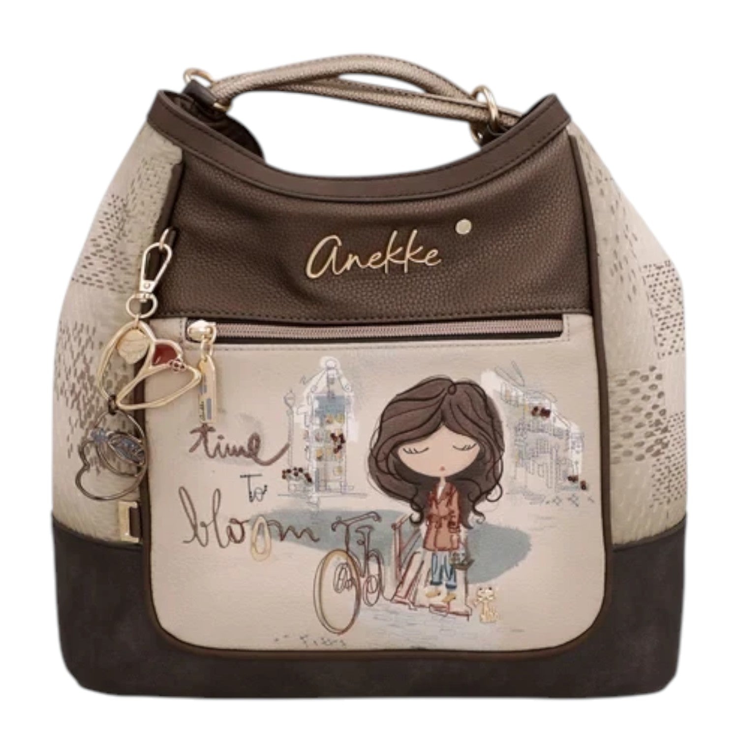 Lieblingstasche convertible backpack featuring Anekke Time to Bloom illustration with brown and beige synthetic leather