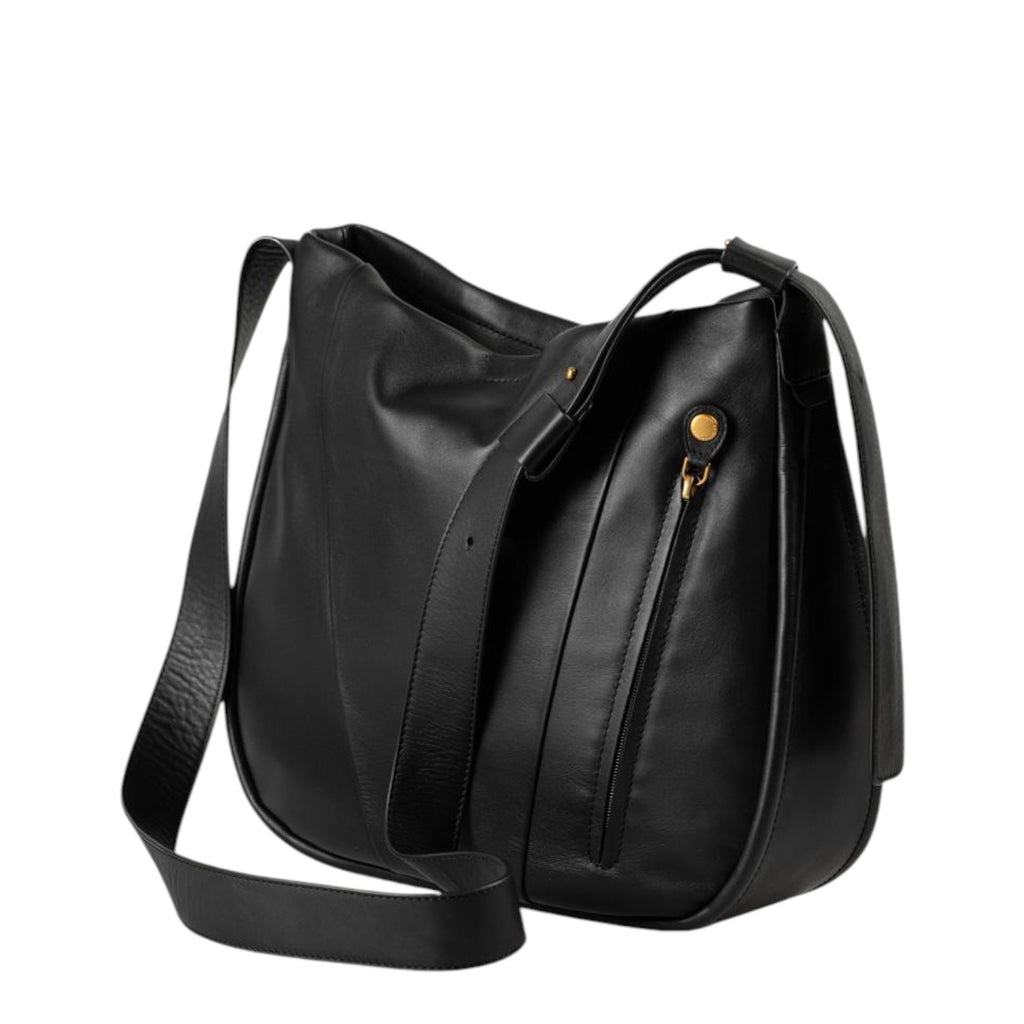 Lieblingstasche Coral black leather shoulder bag with a front zippered pocket and gold hardware details.
