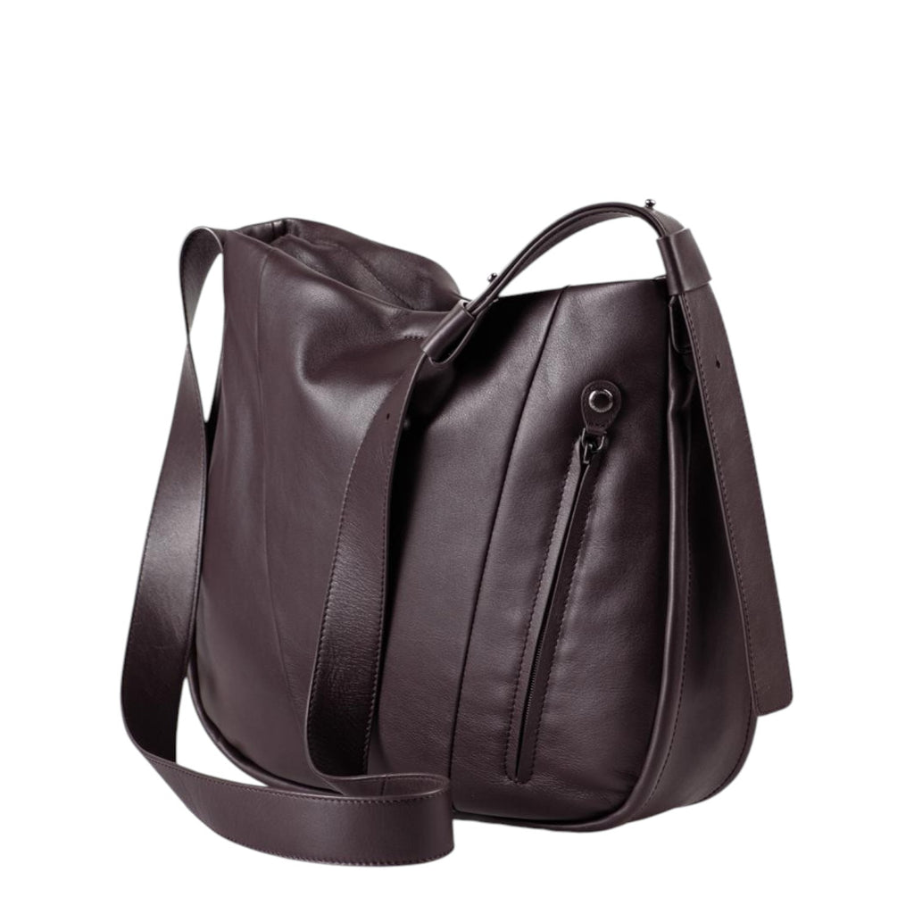 Lieblingstasche Coral dark brown leather hobo bag with a vertical zippered side pocket and adjustable shoulder strap.