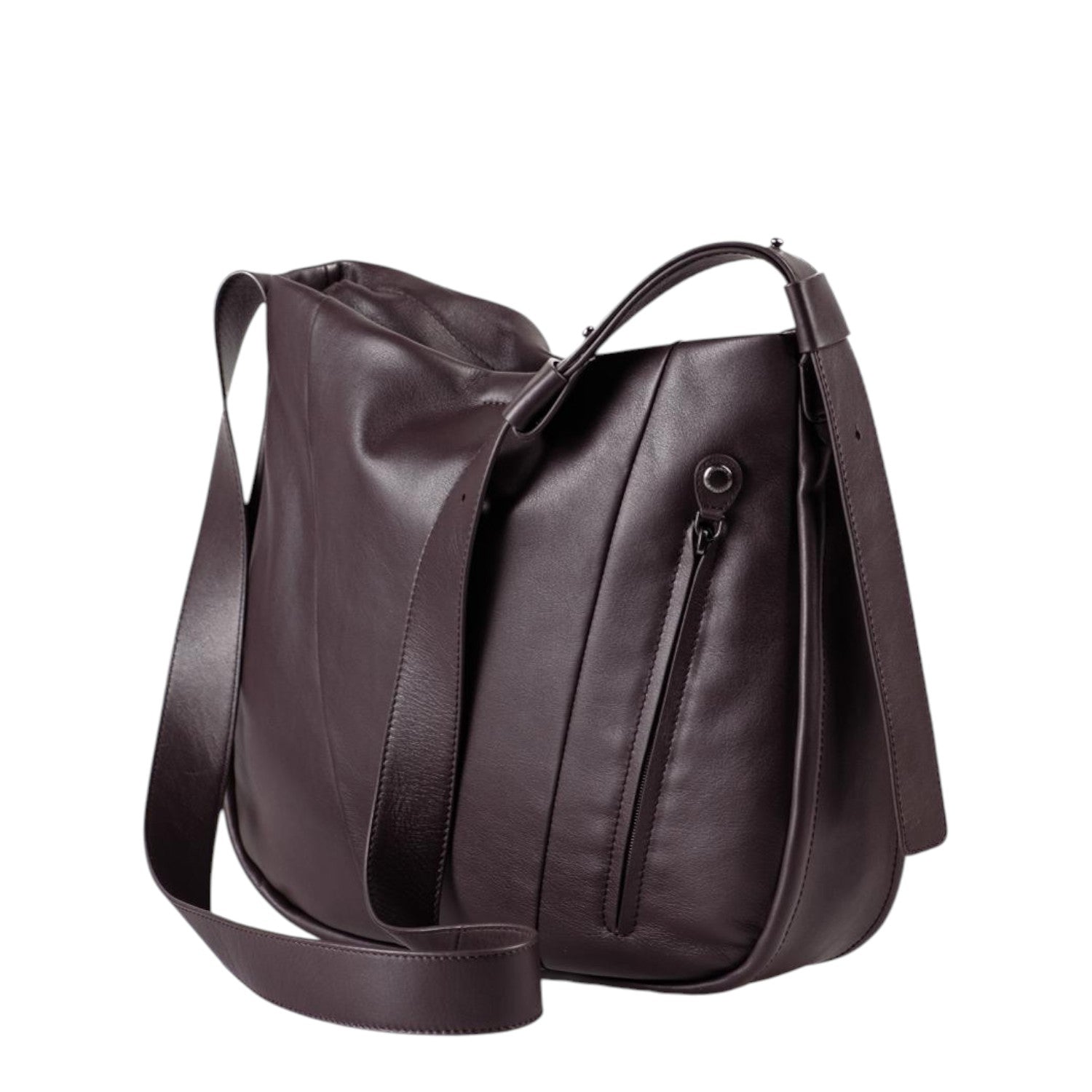 Lieblingstasche Coral dark brown leather hobo bag with a vertical zippered side pocket and adjustable shoulder strap.