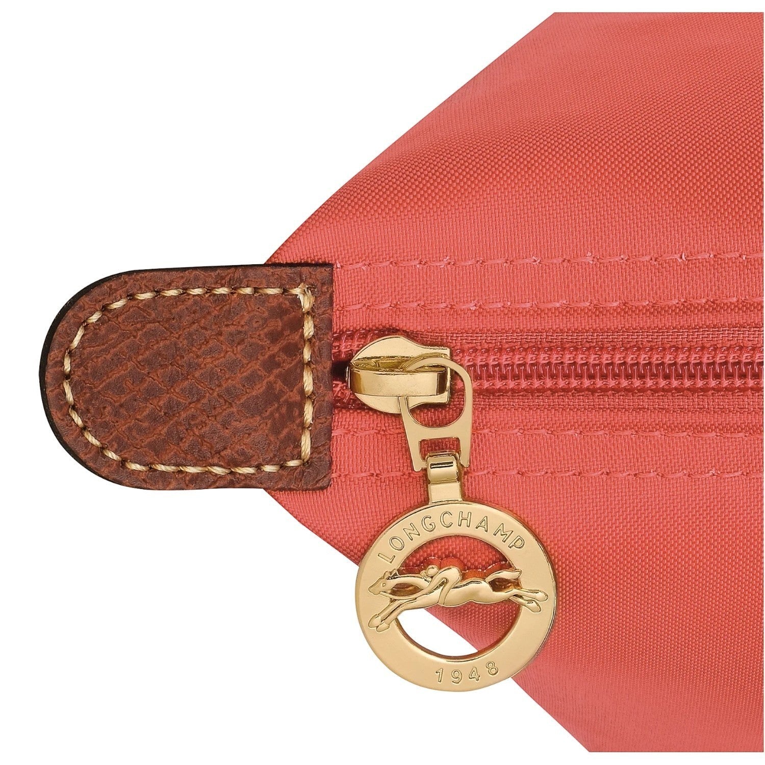 Lieblingstasche coral nylon shoulder bag with leather trim and gold zipper pull featuring Longchamp logo
