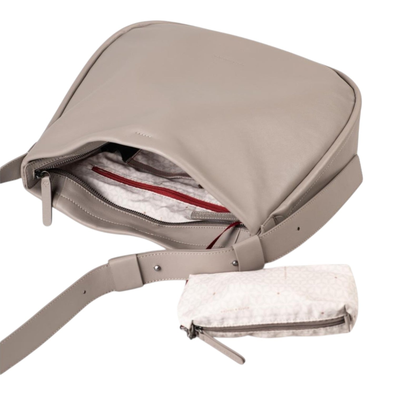 Lieblingstasche Coral taupe leather crossbody bag with an open top, interior zip pocket, and matching small pouch.
