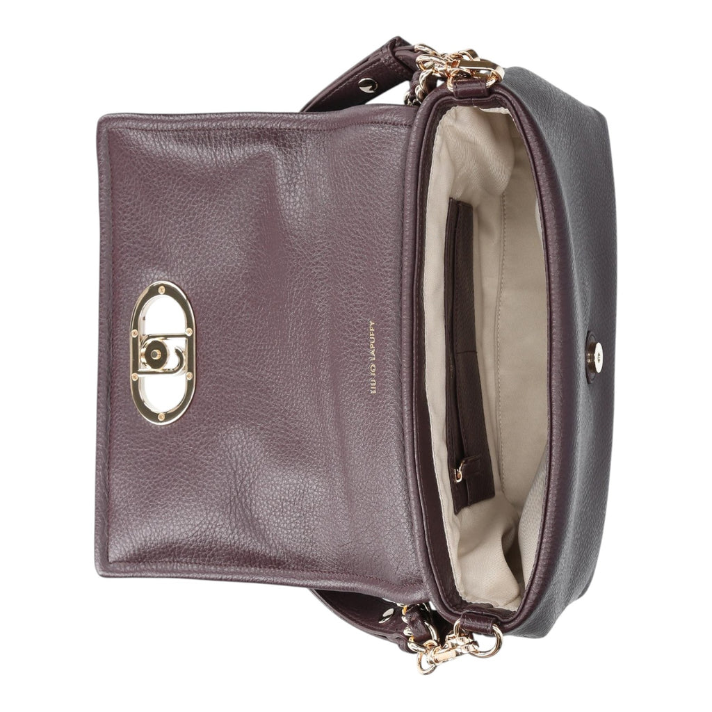 Lieblingstasche Crossbody L bag in dark purple pebbled leather with gold-tone hardware and open interior view