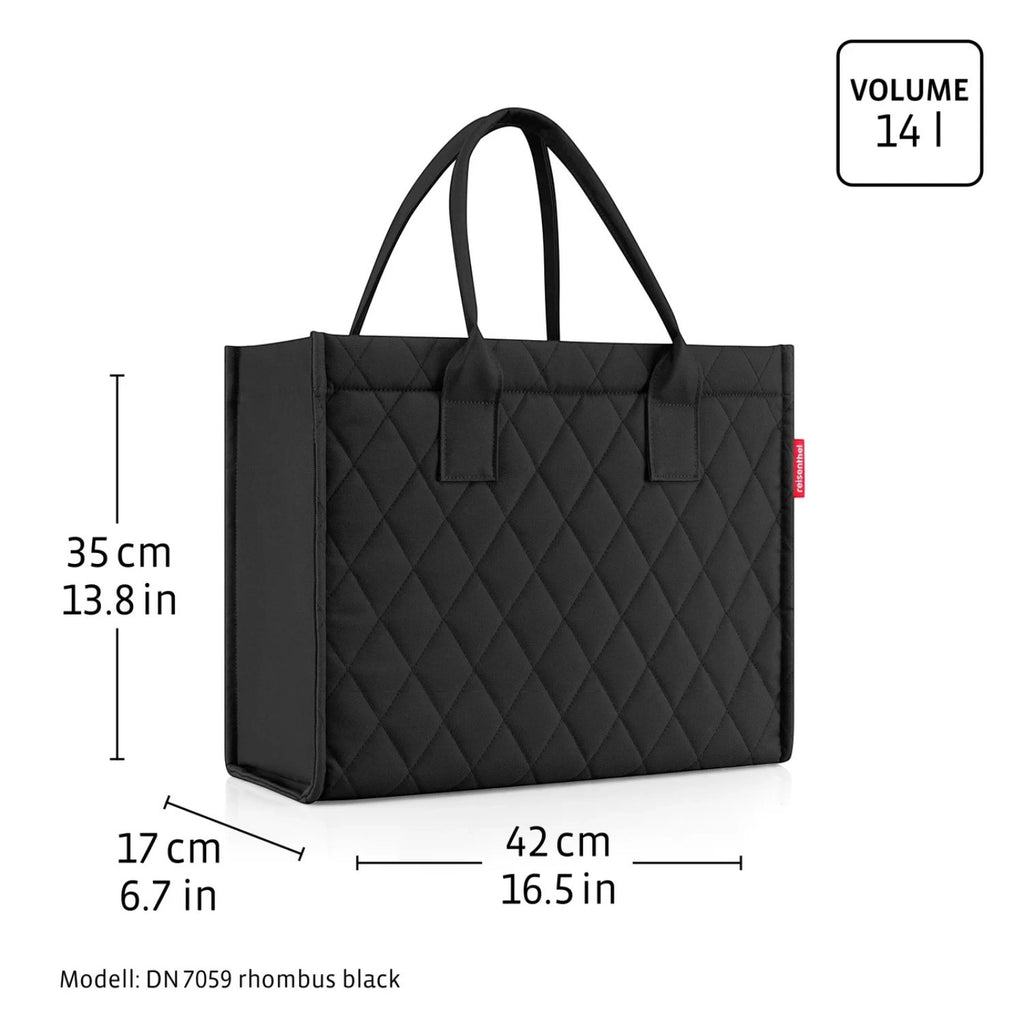 Lieblingstasche Daily Shopper black quilted tote bag with dimensions and 14 litre volume capacity