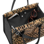 Lieblingstasche Daily Shopper XS with leopard print faux fur trim, black interior, and internal zip pocket.