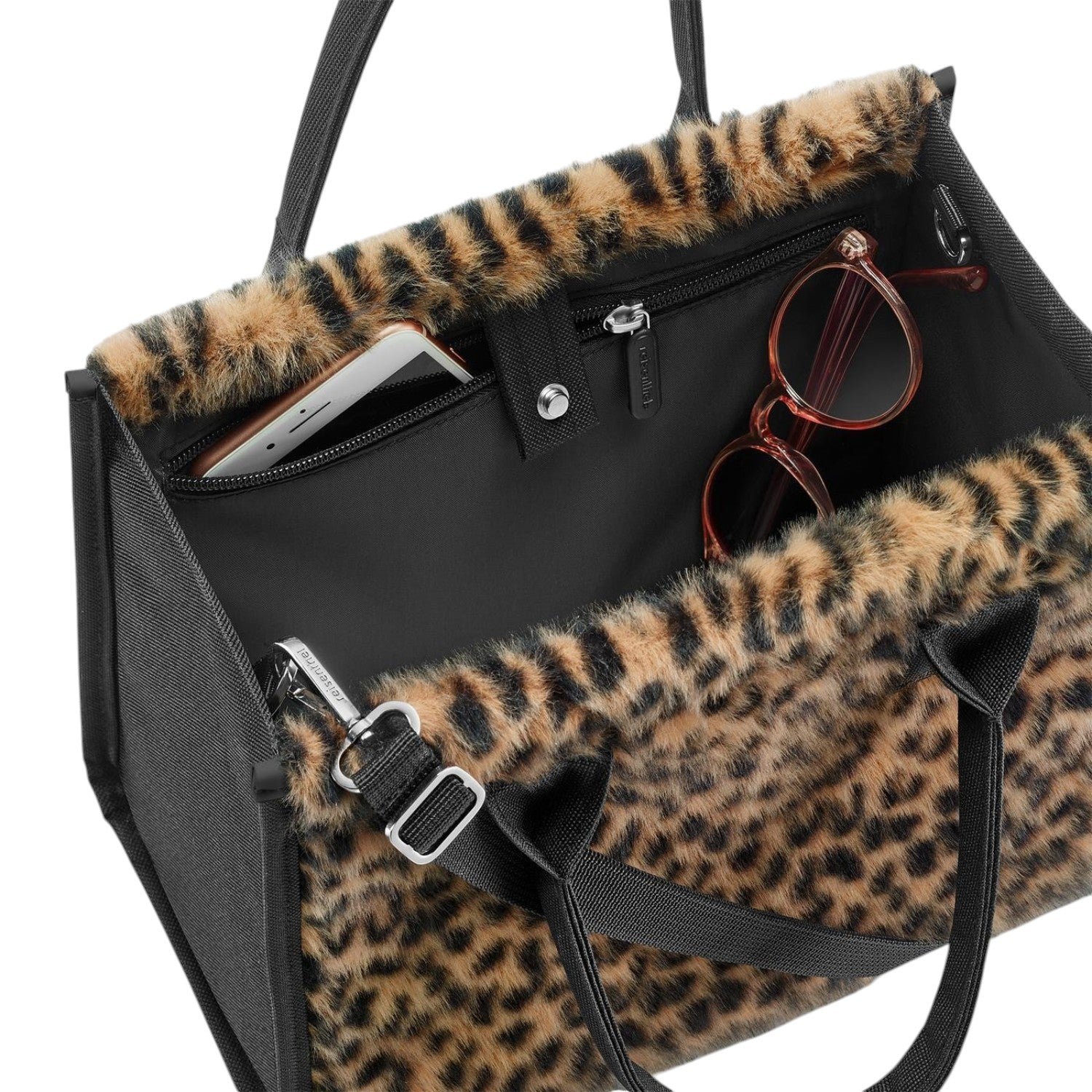 Lieblingstasche Daily Shopper XS with leopard print faux fur trim, black interior, and internal zip pocket.