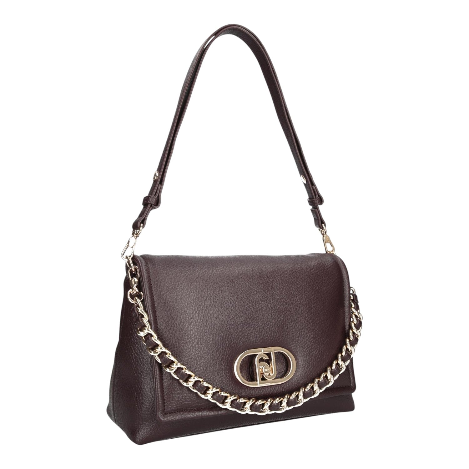 Lieblingstasche Crossbody L bag in dark brown pebbled leather with a gold chain strap and metallic logo clasp