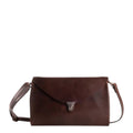 Lieblingstasche dark brown leather fold handbag clutch with metal clasp and adjustable strap.