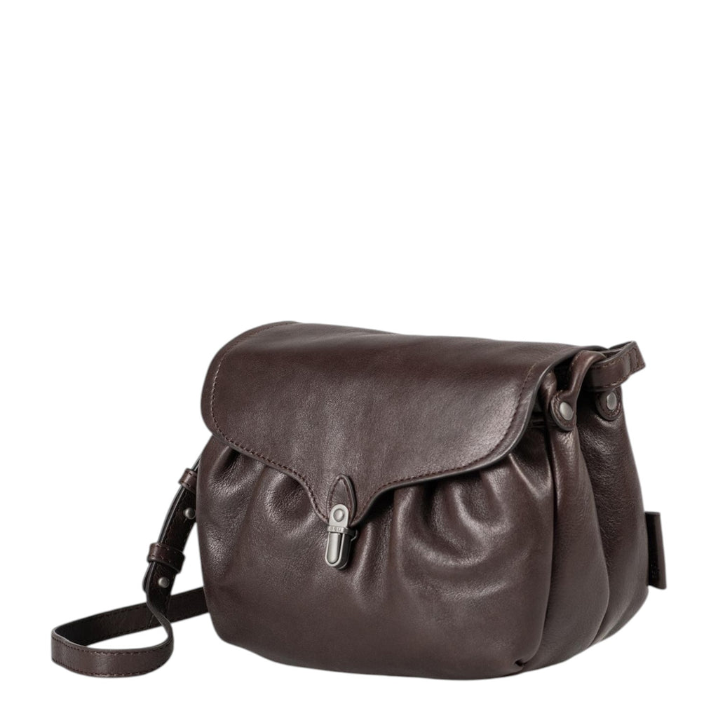 Lieblingstasche Mrs. Coconut Cake dark brown leather shoulder bag with a flap closure and gathered detailing.