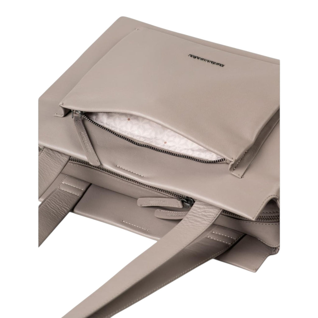 Lieblingstasche Dawn taupe leather handbag with a front zippered pocket and patterned interior lining