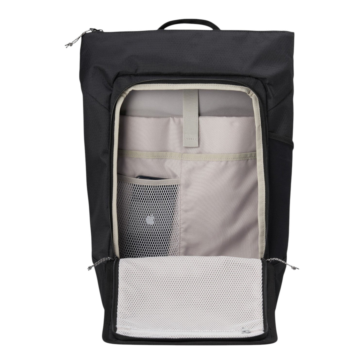 Lieblingstasche Day Pack FLX in black with open main compartment showing light grey interior and mesh pockets