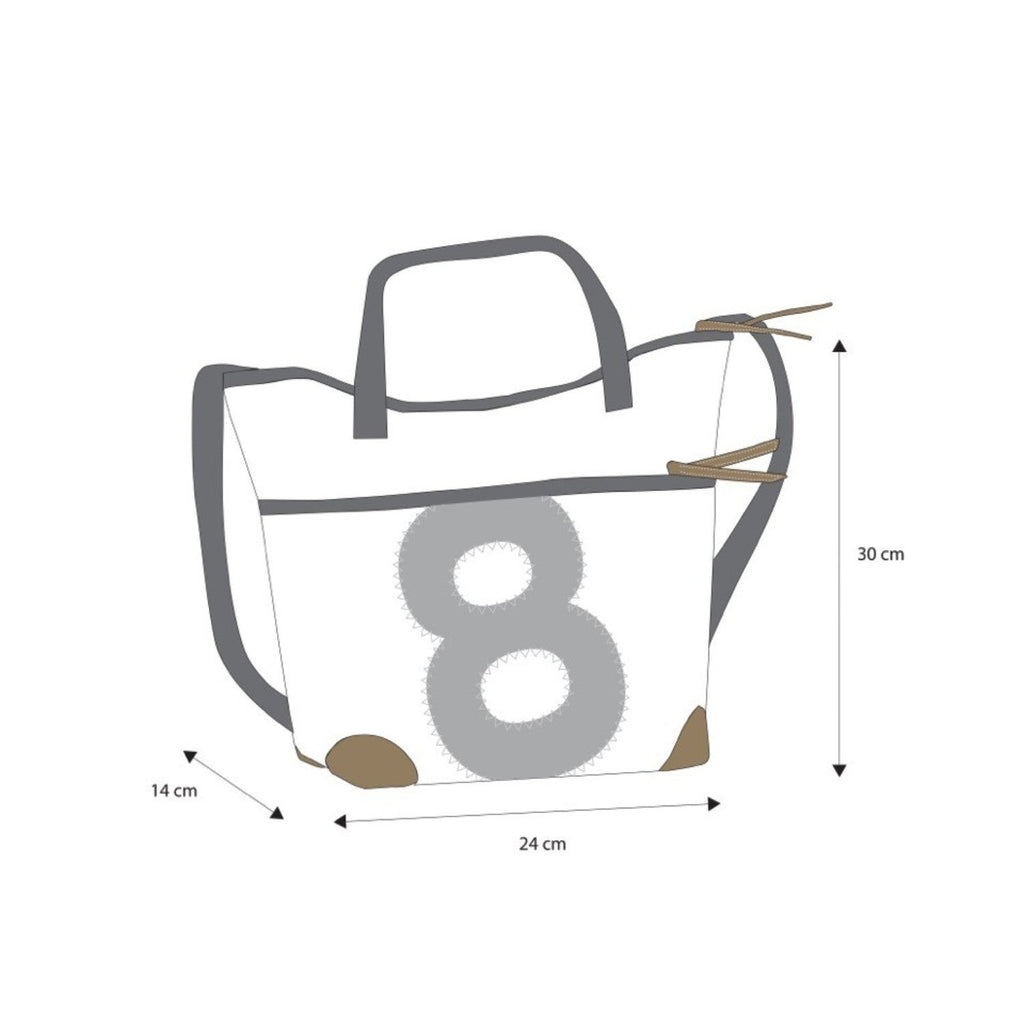 Lieblingstasche Deern Mini tote bag with number 8 graphic, grey trim, and brown corner accents on white background