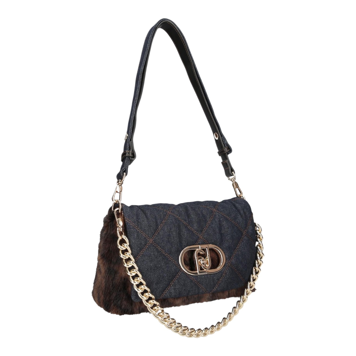 Lieblingstasche Crossbody M bag in quilted dark blue denim with brown faux fur trim and gold chain shoulder strap
