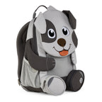 Lieblingstasche grey and dark grey dog-shaped backpack with mesh side pockets and a small zippered pouch.