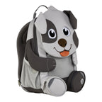 Lieblingstasche grey and dark grey dog-shaped backpack with mesh side pockets and a small zippered pouch.