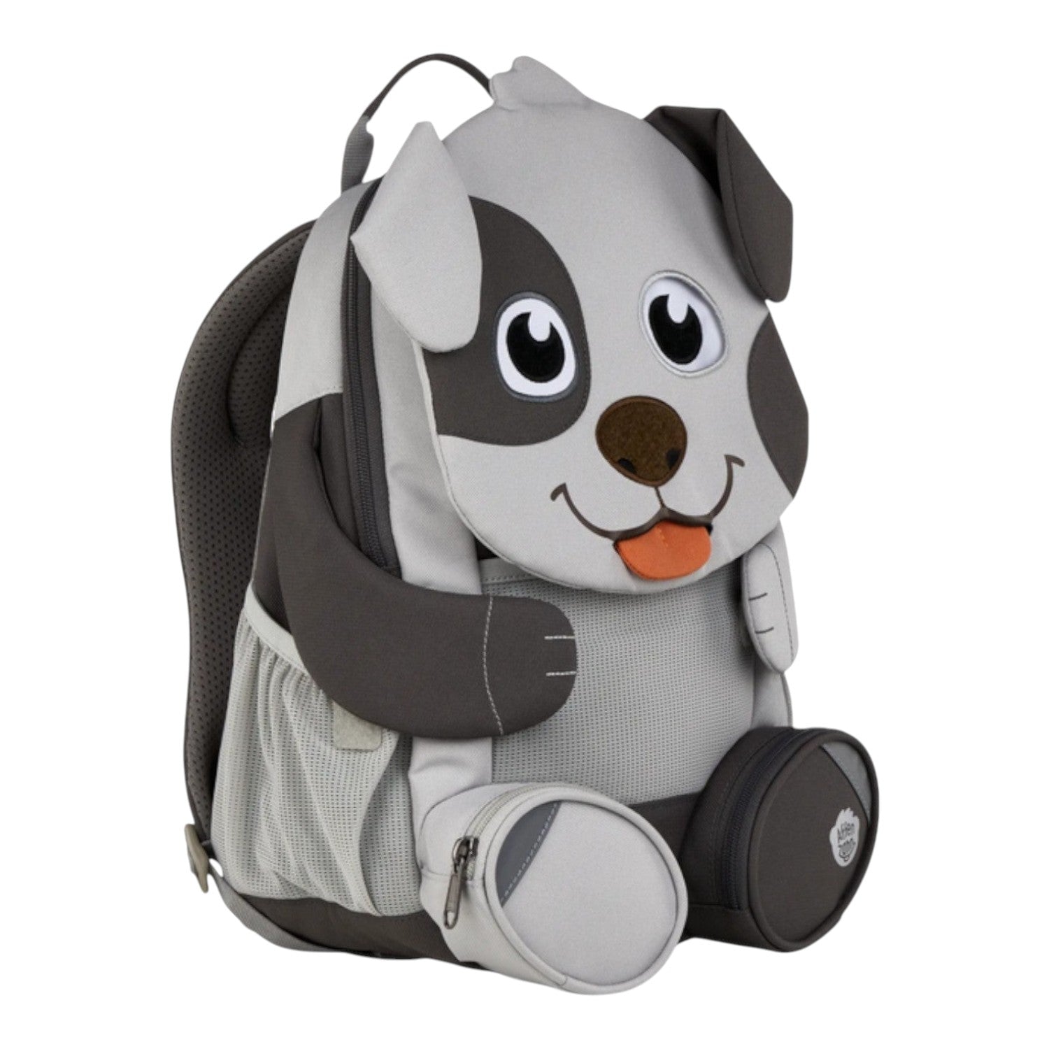 Lieblingstasche grey and dark grey dog-shaped backpack with mesh side pockets and a small zippered pouch.