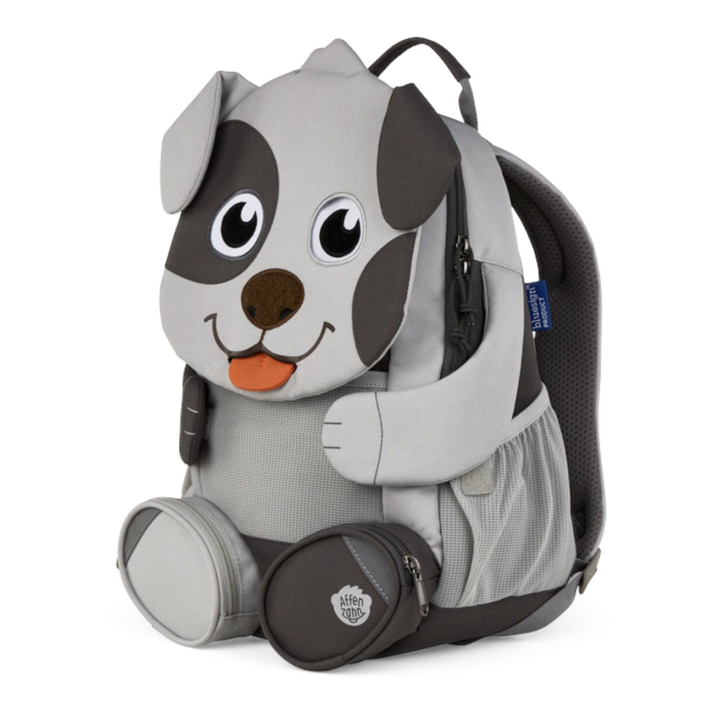 Lieblingstasche grey and dark grey dog-shaped backpack with embroidered eyes and orange tongue detail.