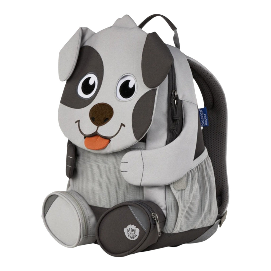 Lieblingstasche grey and dark grey dog-shaped backpack with embroidered eyes and orange tongue detail.