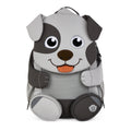 Lieblingstasche Großer Freund dog backpack with grey and dark grey accents, mesh panel, and orange tongue detail.