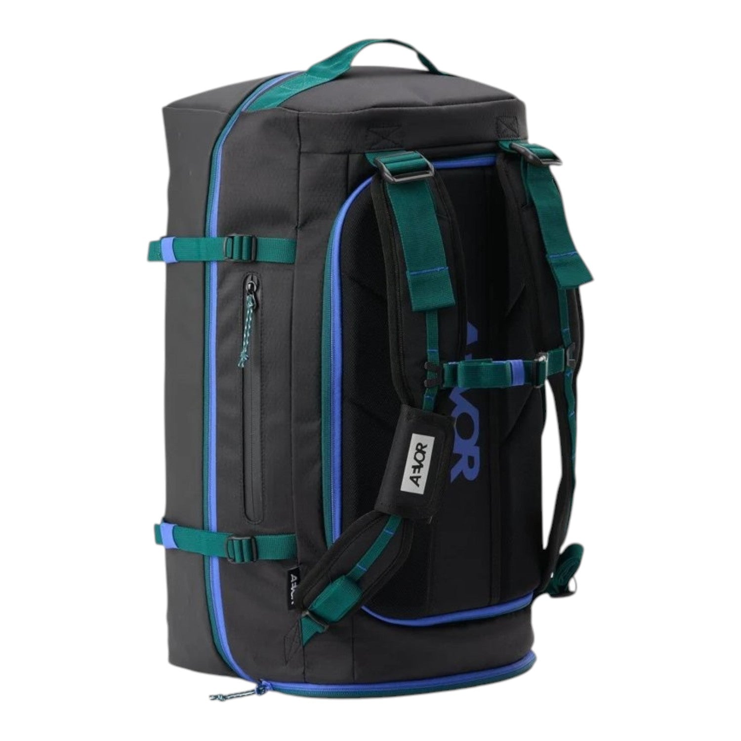 Lieblingstasche Duffel Pack in black with green straps and blue accents, featuring an ergonomic backpack design.