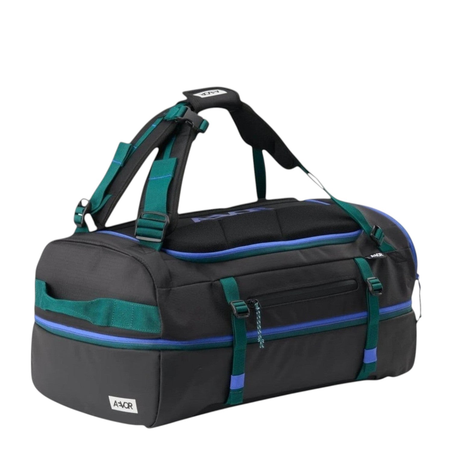 Lieblingstasche Duffel Pack in black with teal and blue accents, featuring expandable storage and backpack straps.