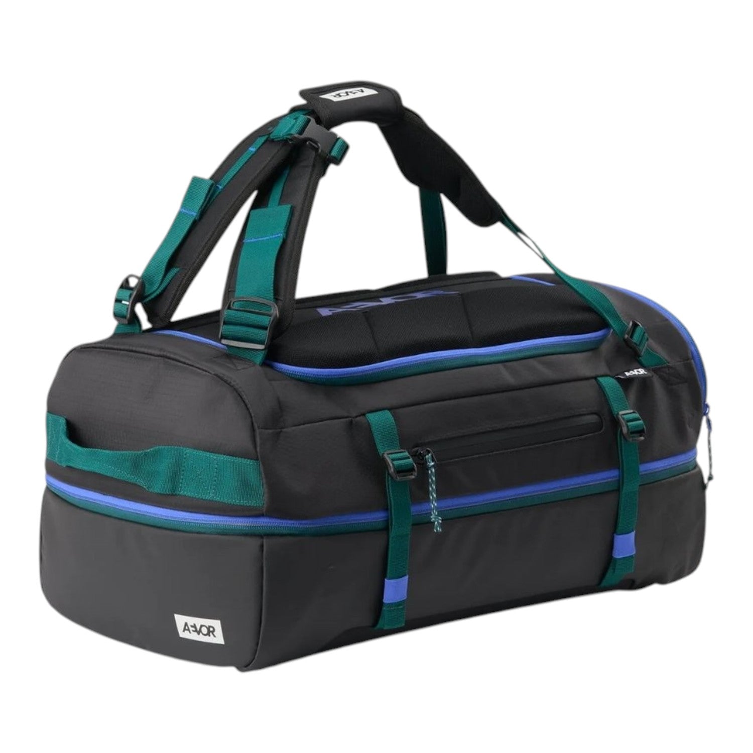 Lieblingstasche Duffel Pack in black with teal and blue accents, featuring an expandable design for travel and sports.