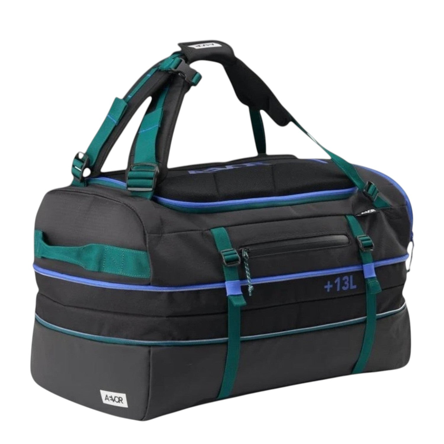 Lieblingstasche Duffel Pack in black with teal and blue accents, featuring expandable 47-60L capacity and straps.