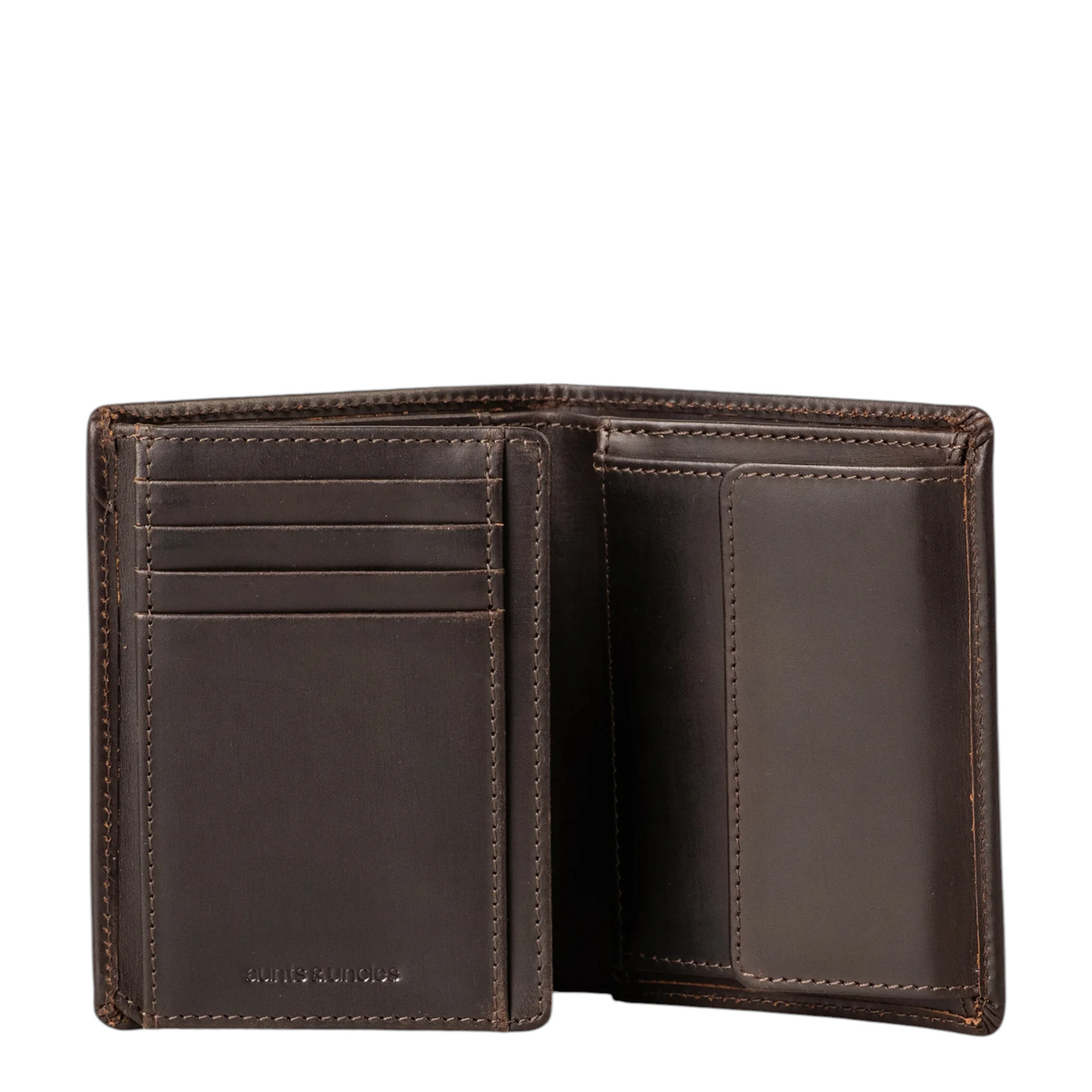 Lieblingstasche Duke brown leather wallet with multiple card slots and a coin pocket, open view.