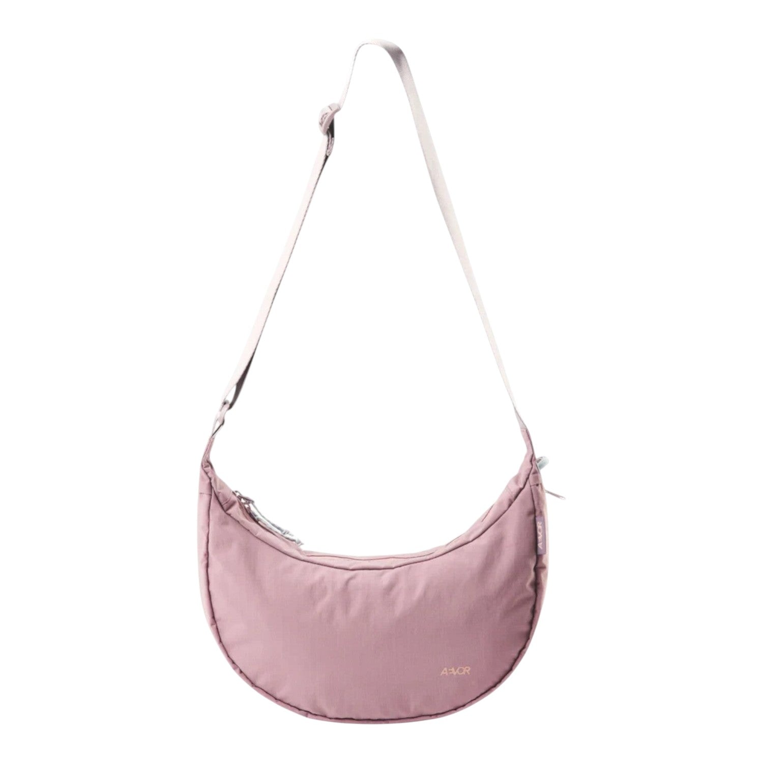 Lieblingstasche dusty pink crescent-shaped sling bag with an adjustable shoulder strap and zipper closure