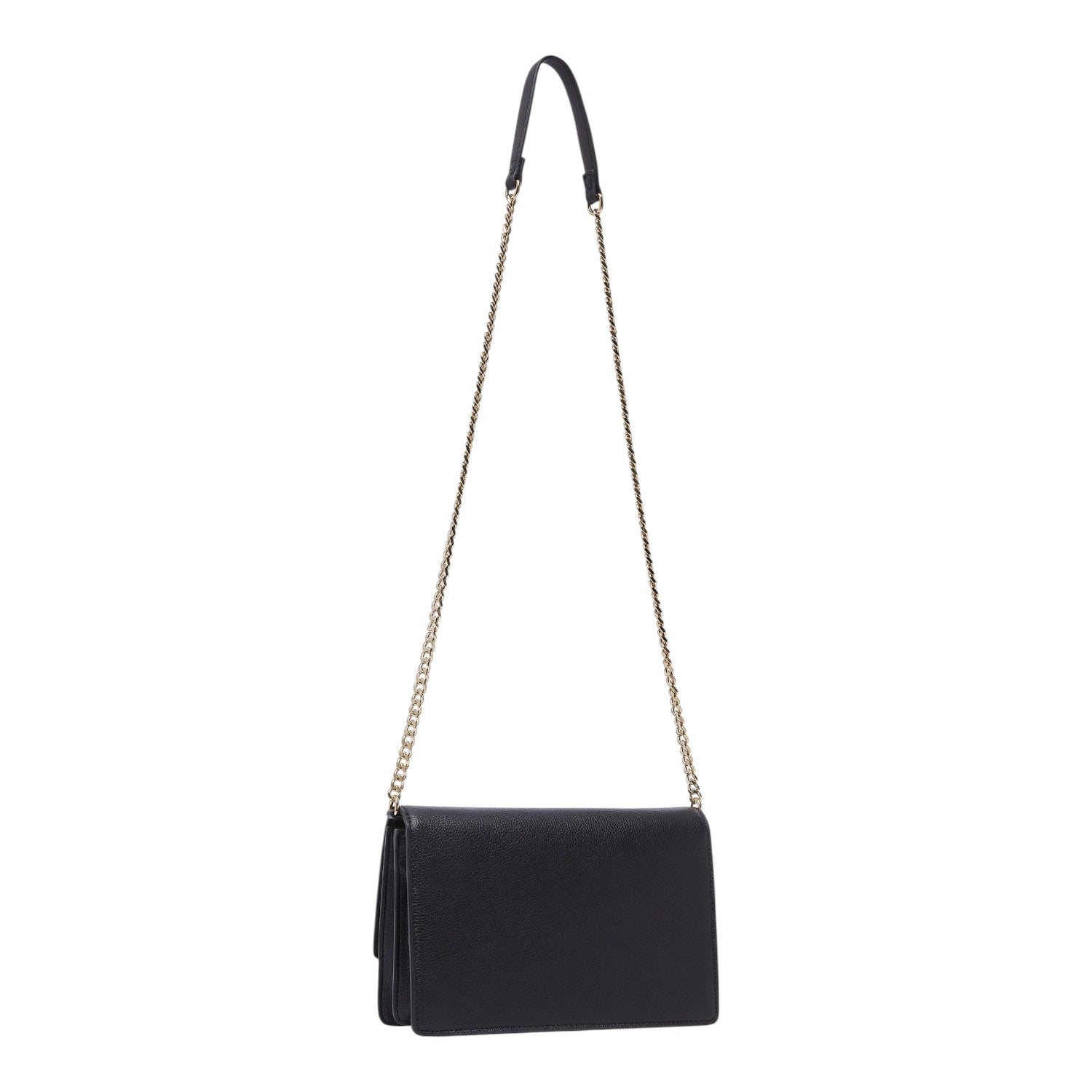 Lieblingstasche ECS Crossbody S in black leather with a gold chain shoulder strap against a plain background