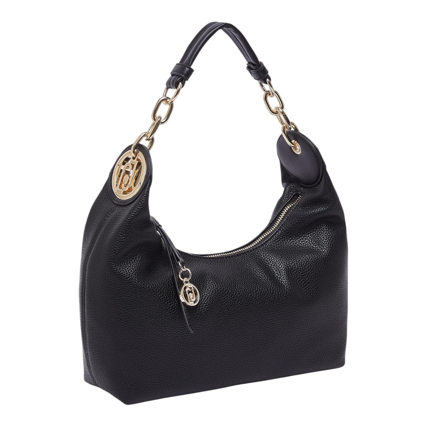 Lieblingstasche ECS Hobo S black pebbled leather shoulder bag with gold chain strap and logo charm