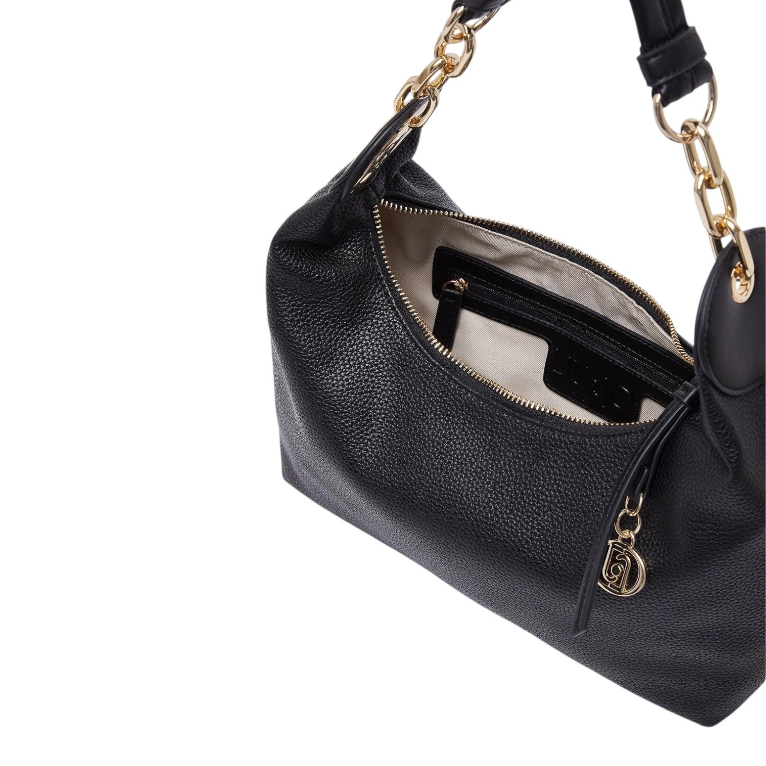 Lieblingstasche ECS Hobo S black pebbled leather handbag with gold chain strap and interior zip pocket