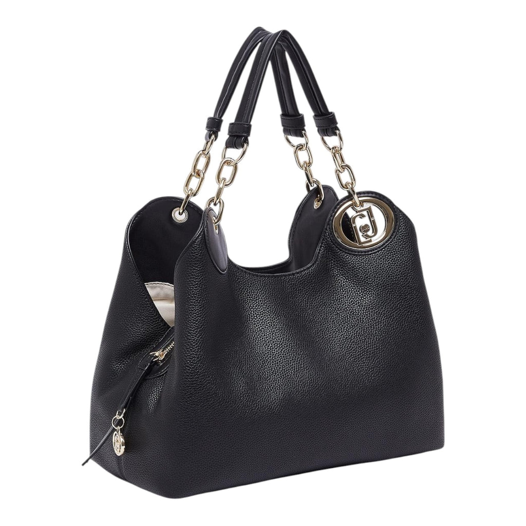 Lieblingstasche ECS Satchel M in black pebbled faux leather with gold chain handles and logo charm