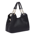 Lieblingstasche ECS Satchel M in black pebbled leather with gold chain link handles and side view