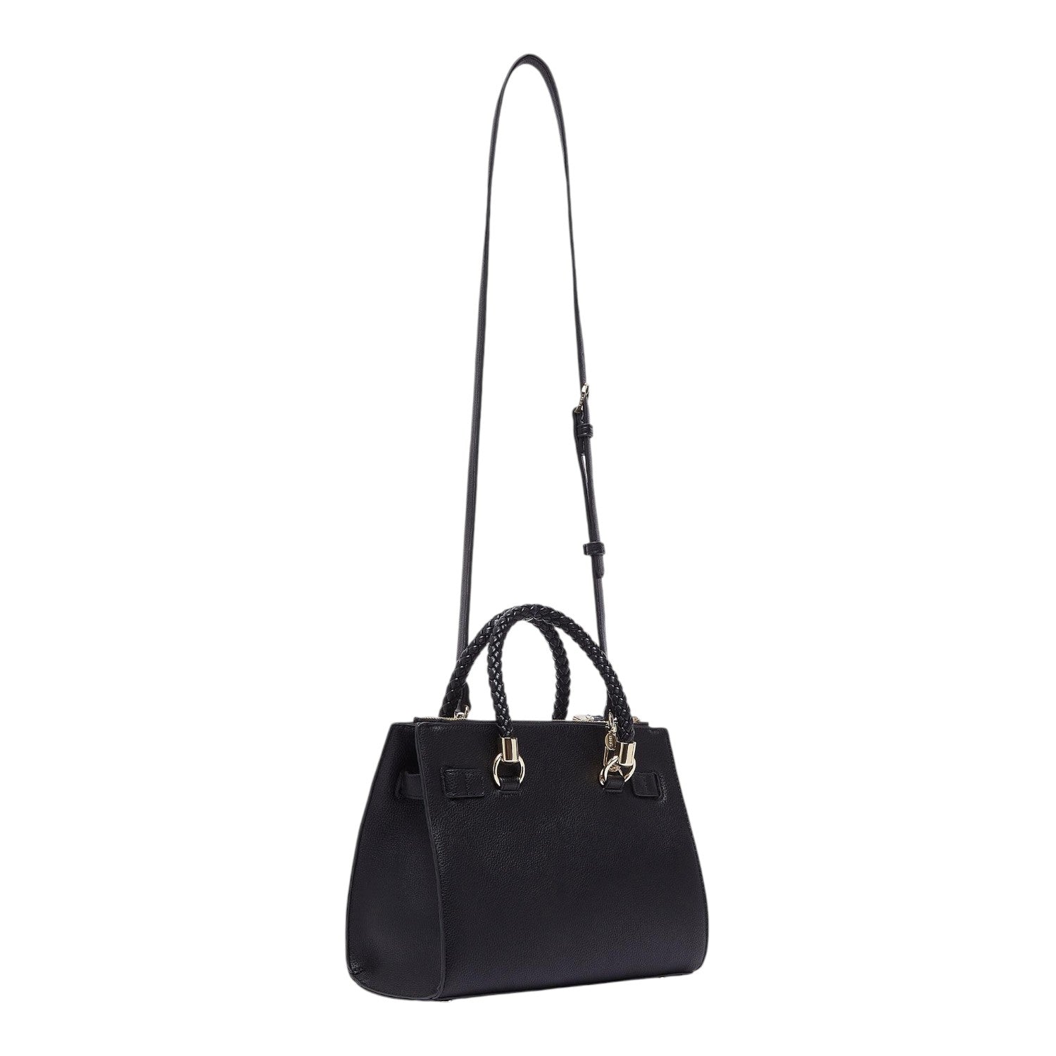 Lieblingstasche ECS Satchel S in black leather with braided top handles and gold hardware on a light background