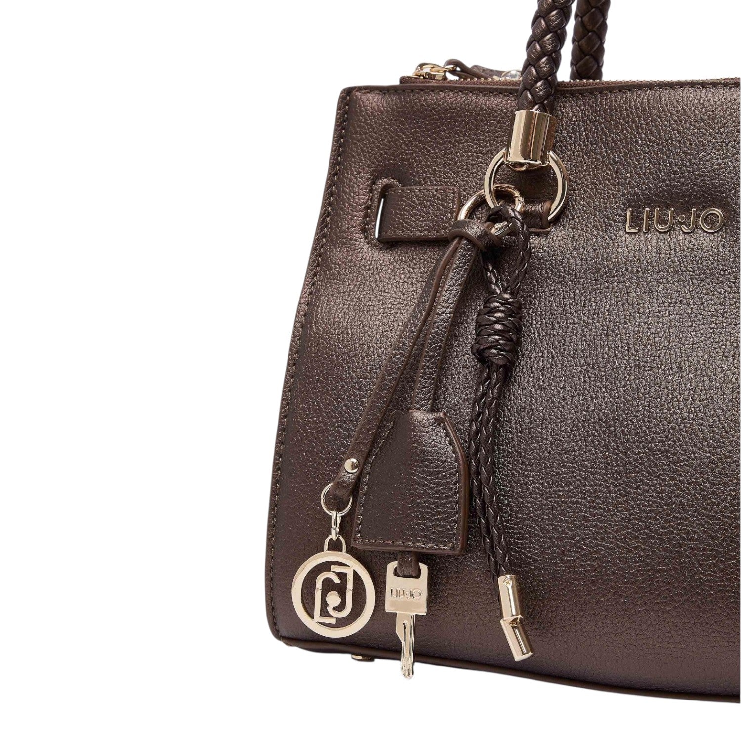 Lieblingstasche ECS Satchel S in dark brown pebbled faux leather with braided handles and gold-tone logo charms