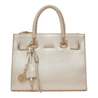 Lieblingstasche ECS Satchel S in metallic gold with a braided top handle and decorative logo charm
