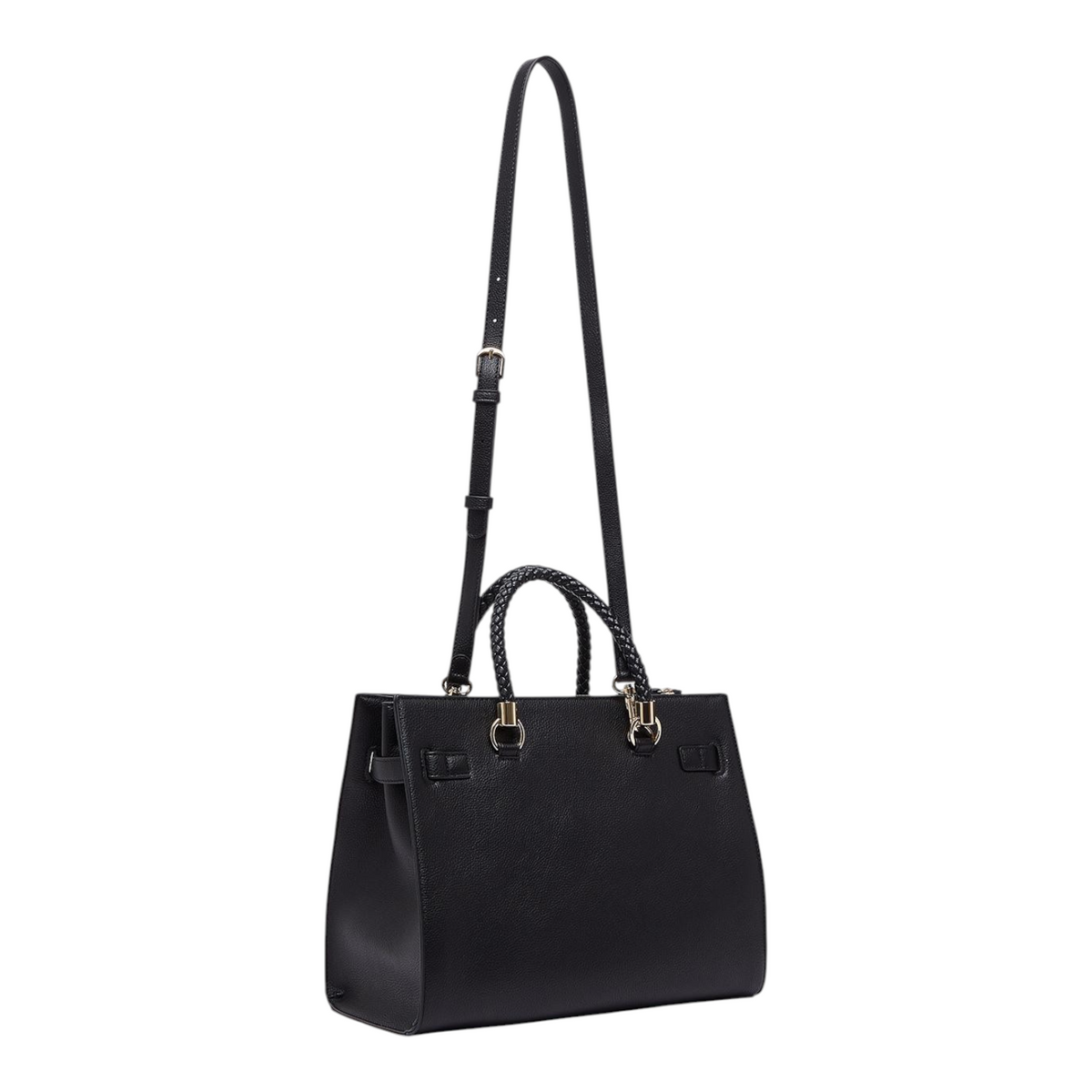 Lieblingstasche ECS Tote M in black with braided handles and adjustable shoulder strap on a light grey background