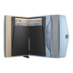 Lieblingstasche Envelope Pebble wallet in light blue textured leather with gold metal card protector and cash slot