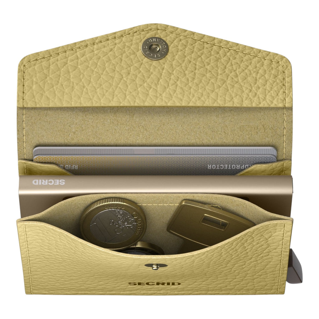 Lieblingstasche Envelope Pebble yellow leather wallet with card holder, coin compartment, and snap button closure.