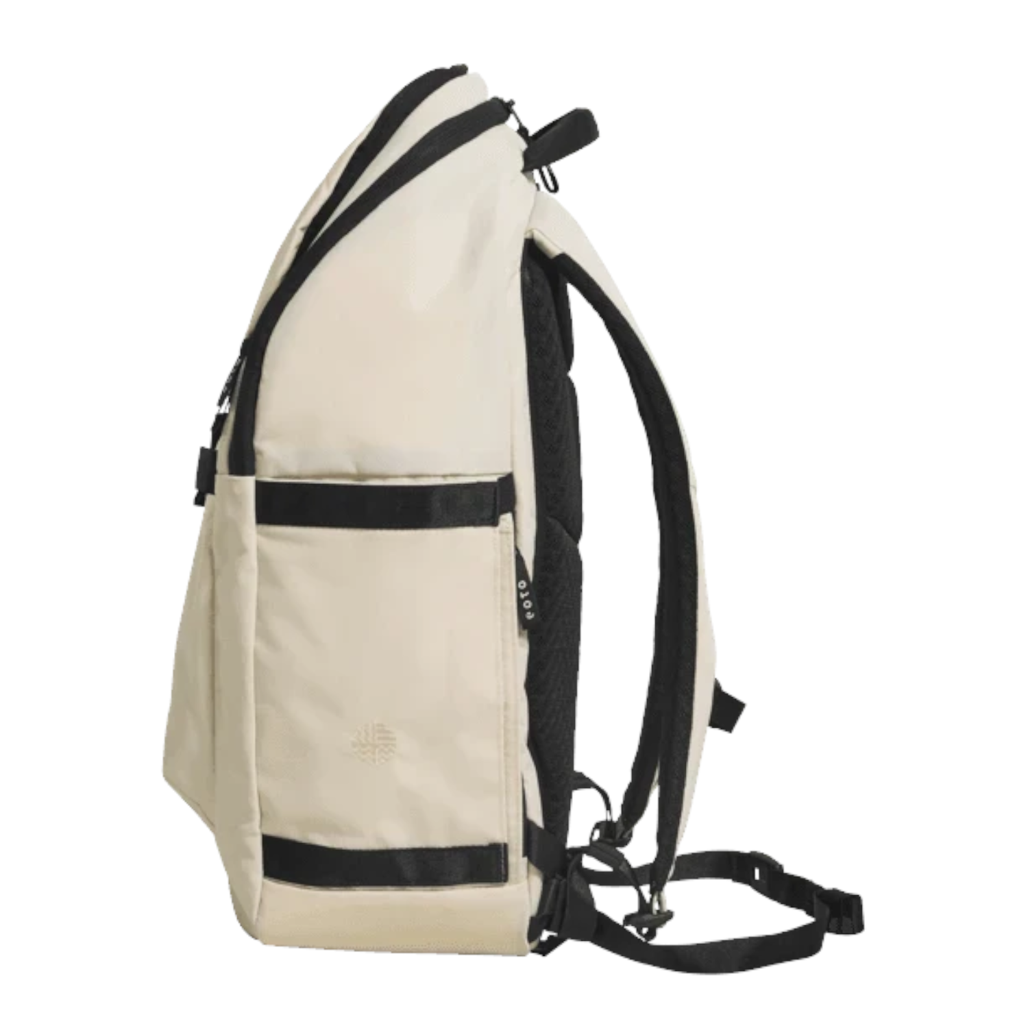 Lieblingstasche eoto Easy27 beige daypack with black accents, side view showing padded straps and laptop compartment