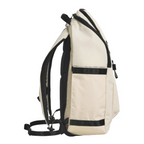 Lieblingstasche eoto Easy27 beige 27L daypack with black accents, side view showing padded straps and laptop storage
